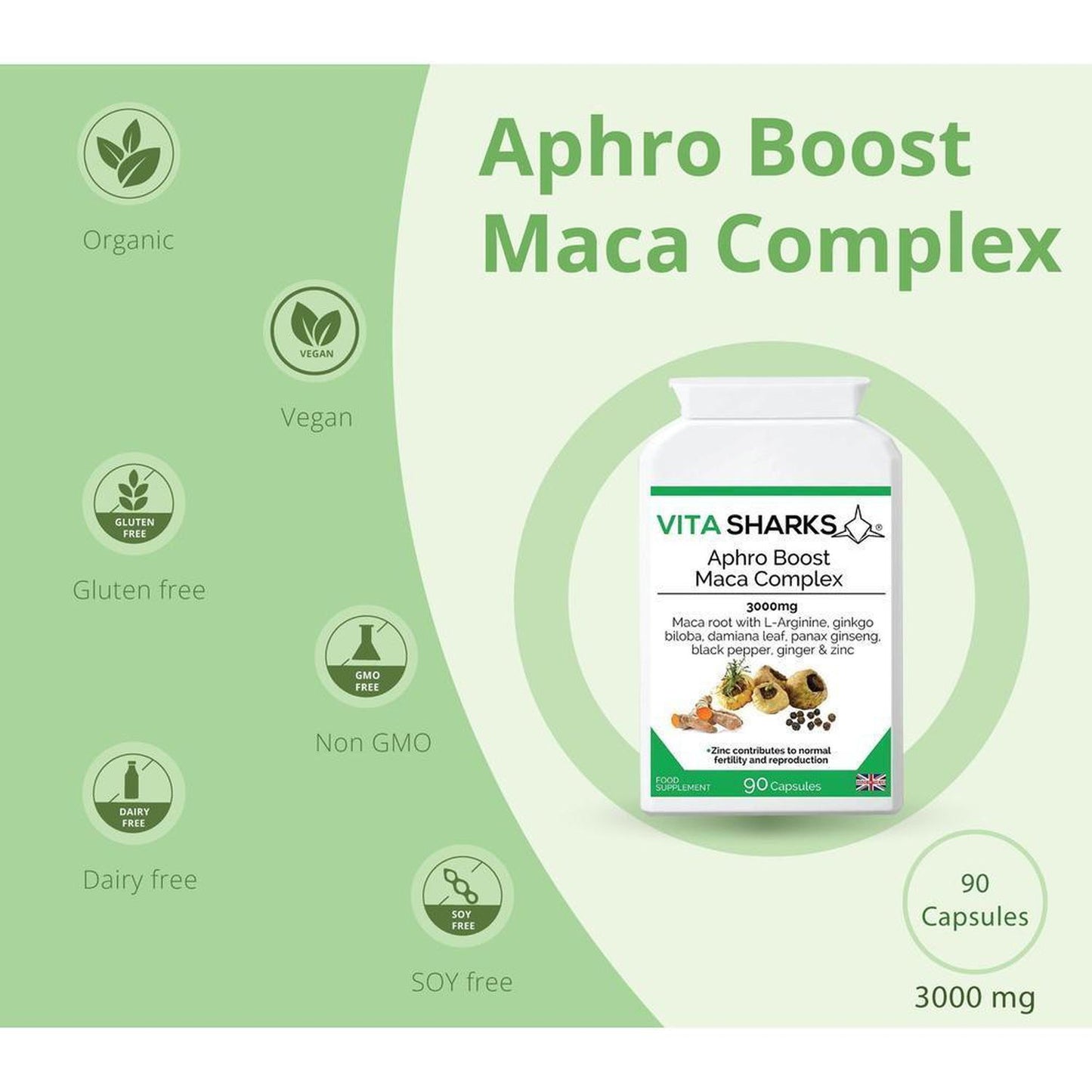 Maca Vegan 90 capsules | Vita Sharks Quality UK Health Supplements - Boost your energy and well-being with Vita Sharks Vegan Maca Capsules. Our high-quality, plant-based formula delivers the benefits of maca root for a natural energy boost. Experience improved vitality, stamina, and overall health. Perfect for vegans and vegetarians. Buy Now at Sacred Remedy