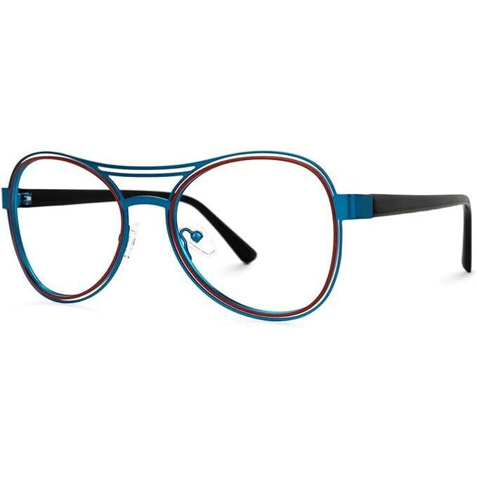 Buy Unisex Aviator Style Glasses - Blue & Red Metal Frames - Upgrade your style with our edgy unisex aviator glasses. Featuring a bold blue and red metal frame, these quirky designer glasses offer perfect vision correction while making a statement. Perfect for reading, computer use, or everyday wear. at Sacred Remedy Online