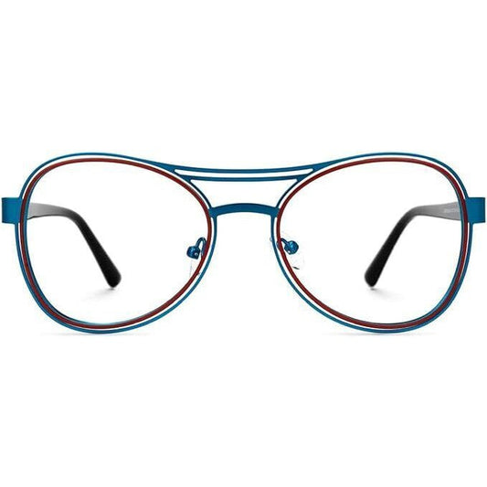 Buy Unisex Aviator Style Glasses - Blue & Red Metal Frames - Upgrade your style with our edgy unisex aviator glasses. Featuring a bold blue and red metal frame, these quirky designer glasses offer perfect vision correction while making a statement. Perfect for reading, computer use, or everyday wear. at Sacred Remedy Online