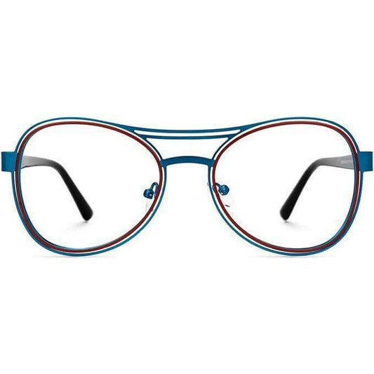 Unisex Aviator Style Glasses - Blue & Red Metal Frames - Upgrade your style with our edgy unisex aviator glasses. Featuring a bold blue and red metal frame, these quirky designer glasses offer perfect vision correction while making a statement. Perfect for reading, computer use, or everyday wear. Buy Now at Sacred Remedy