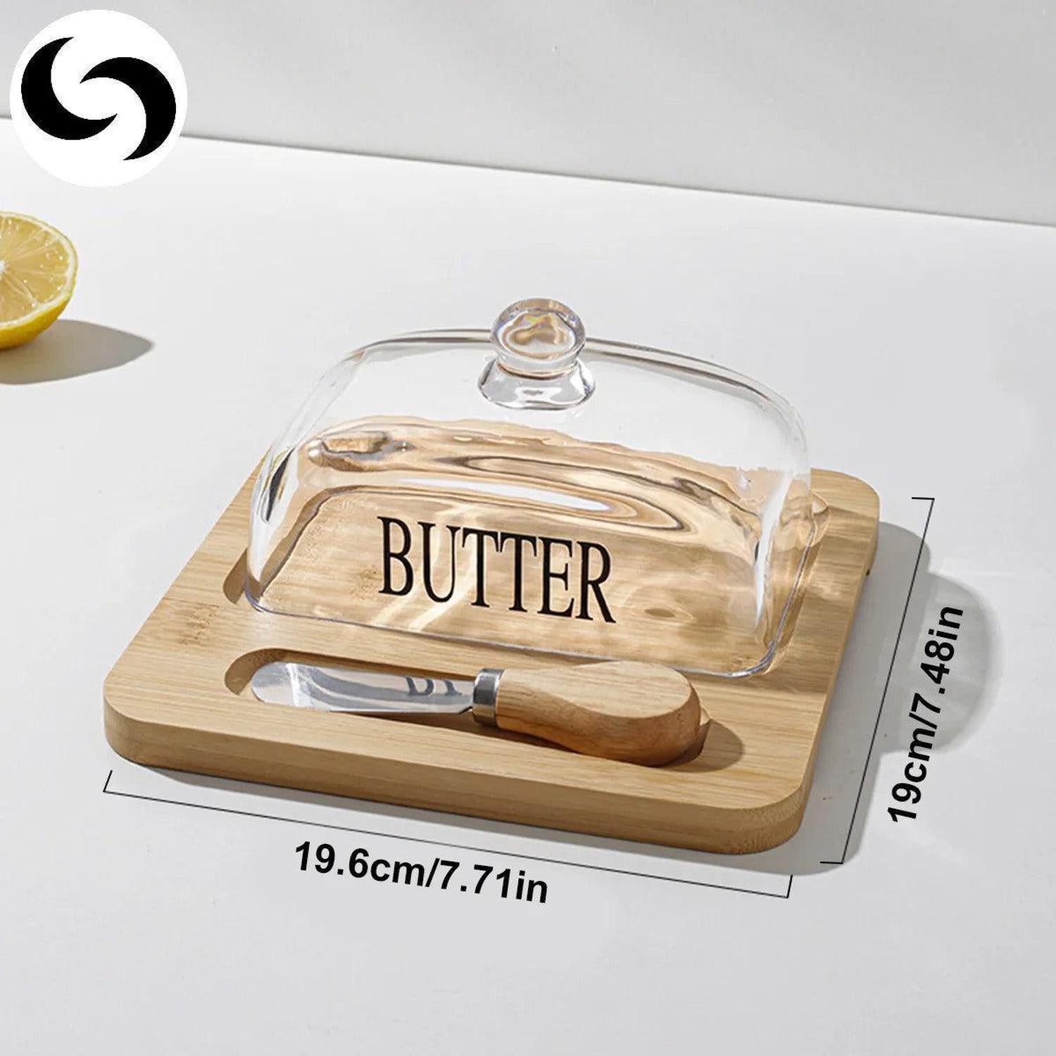 Bamboo Butter Dish with Glass Lid & Cutter | Keep Butter Soft - Upgrade your kitchen with our stylish Dark Brown Bamboo Butter Dish. Features a clear glass lid and stainless steel cutter for perfect, soft butter every time. Buy Now at Sacred Remedy