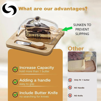 Bamboo Butter Dish with Glass Lid & Cutter | Keep Butter Soft - Upgrade your kitchen with our stylish Dark Brown Bamboo Butter Dish. Features a clear glass lid and stainless steel cutter for perfect, soft butter every time. Buy Now at Sacred Remedy