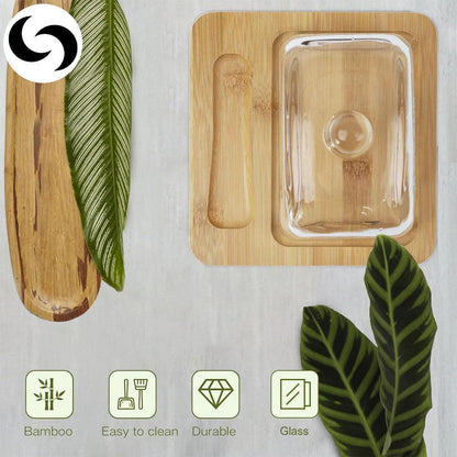 Bamboo Butter Dish with Glass Lid & Cutter | Keep Butter Soft - Upgrade your kitchen with our stylish Dark Brown Bamboo Butter Dish. Features a clear glass lid and stainless steel cutter for perfect, soft butter every time. Buy Now at Sacred Remedy