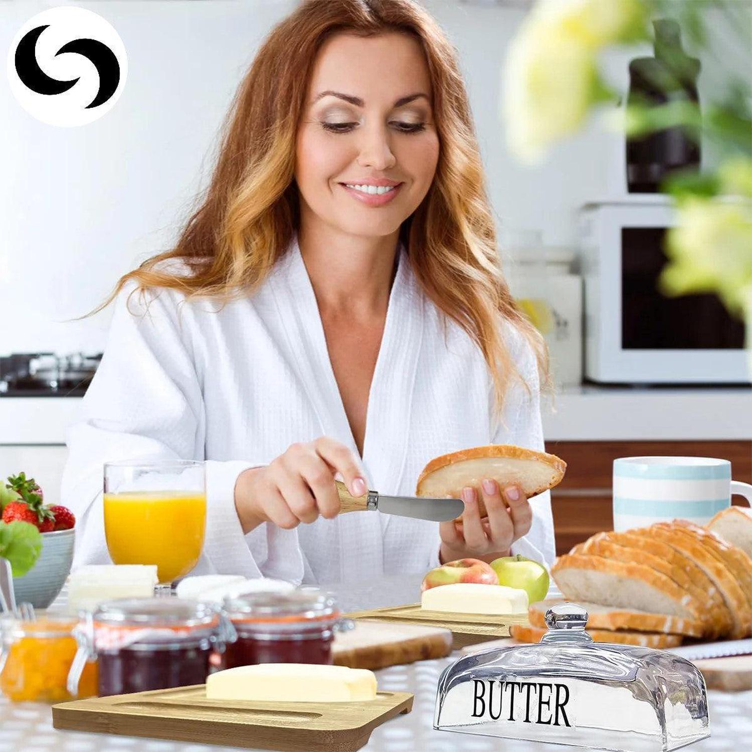 Bamboo Butter Dish with Glass Lid & Cutter | Keep Butter Soft - Upgrade your kitchen with our stylish Dark Brown Bamboo Butter Dish. Features a clear glass lid and stainless steel cutter for perfect, soft butter every time. Buy Now at Sacred Remedy