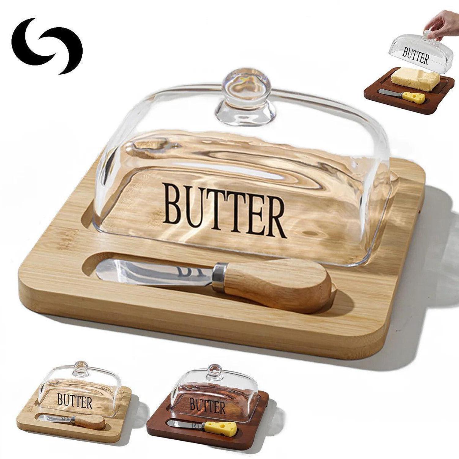Bamboo Butter Dish with Glass Lid & Cutter | Keep Butter Soft - Upgrade your kitchen with our stylish Dark Brown Bamboo Butter Dish. Features a clear glass lid and stainless steel cutter for perfect, soft butter every time. Buy Now at Sacred Remedy
