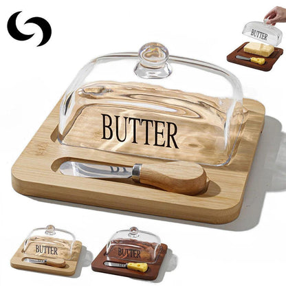 Bamboo Butter Dish with Glass Lid & Cutter | Keep Butter Soft - Upgrade your kitchen with our stylish Dark Brown Bamboo Butter Dish. Features a clear glass lid and stainless steel cutter for perfect, soft butter every time. Buy Now at Sacred Remedy