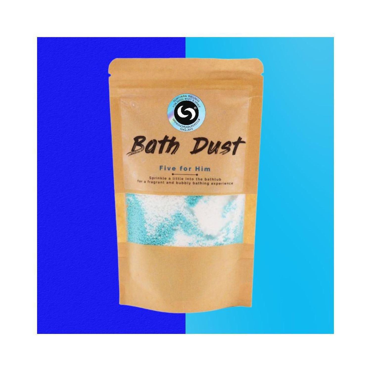 Five for Him Bath Dust | Masculine Scented Bath Bomb Alternative - The ultimate bath upgrade! Our Five for Him Bath Dust offers a bold, clean scent, fizzy blue water, and Shea Butter for soft, non-greasy skin. Perfect for men's self-care. Buy Now at Sacred Remedy