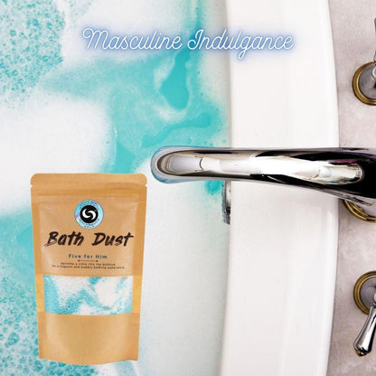 Five for Him Bath Dust | Masculine Scented Bath Bomb Alternative - The ultimate bath upgrade! Our Five for Him Bath Dust offers a bold, clean scent, fizzy blue water, and Shea Butter for soft, non-greasy skin. Perfect for men's self-care. Buy Now at Sacred Remedy