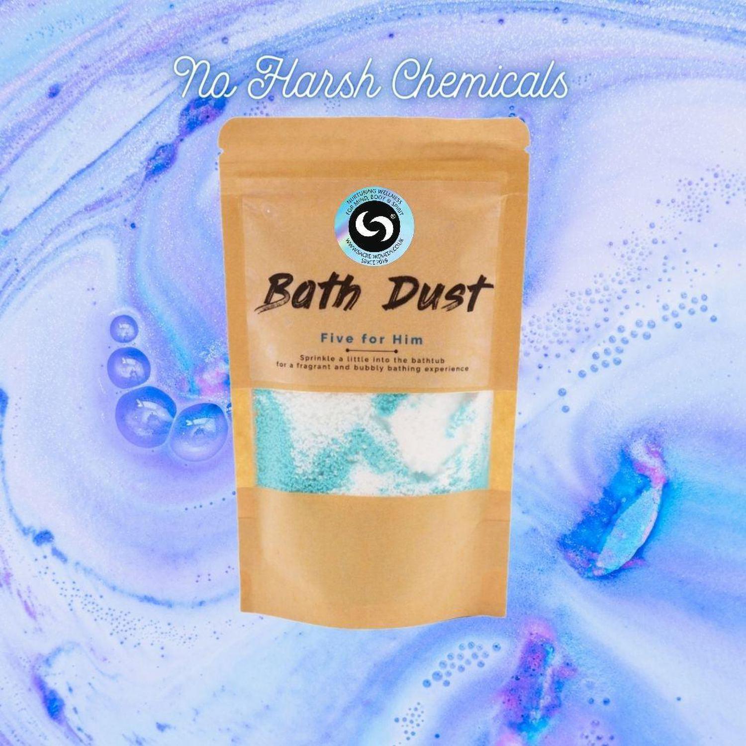 Five for Him Bath Dust | Masculine Scented Bath Bomb Alternative - The ultimate bath upgrade! Our Five for Him Bath Dust offers a bold, clean scent, fizzy blue water, and Shea Butter for soft, non-greasy skin. Perfect for men's self-care. Buy Now at Sacred Remedy