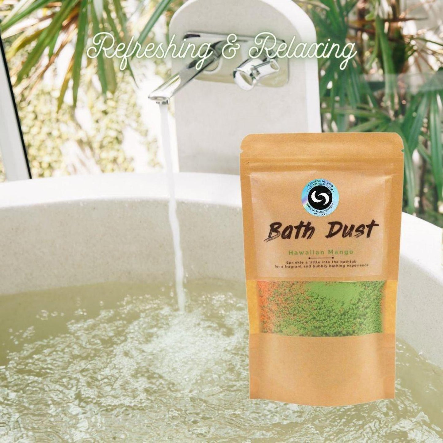 Luxurious Hawaiian Mango Bath Dust | Hydrating Skin Soak - Turn bathing into a tropical adventure with our Hawaiian Mango Bath Dust! Immerse yourself in vibrant orange and green waters. Indulge in pure tropical bliss with our Hawaiian Mango Bath Dust. Transform your bathroom into a serene oasis. This luxurious bath soak gently exfoliates, hydrates, and nourishes your skin. Buy Now at Sacred Remedy