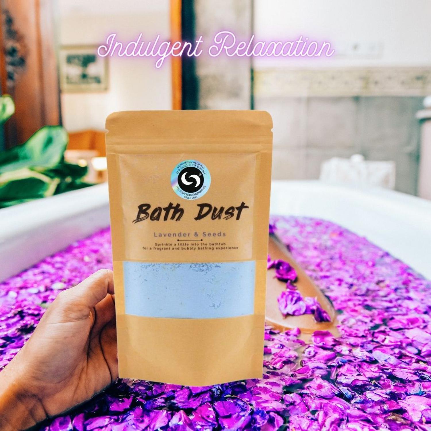 Lavender Bath Dust | Fun Fizzing Bath Bomb Alternative for Sleep - Unleash serious relaxation with our Lavender & Seeds Bath Dust! A fun, fizzing bath bomb alternative infused with Shea Butter for silky-soft skin & better sleep. Buy Now at Sacred Remedy