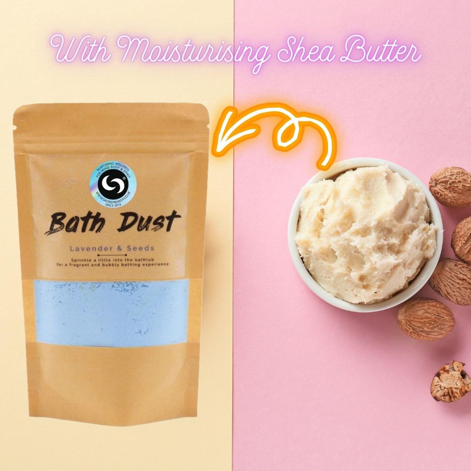 Lavender Bath Dust | Fun Fizzing Bath Bomb Alternative for Sleep - Unleash serious relaxation with our Lavender & Seeds Bath Dust! A fun, fizzing bath bomb alternative infused with Shea Butter for silky-soft skin & better sleep. Buy Now at Sacred Remedy