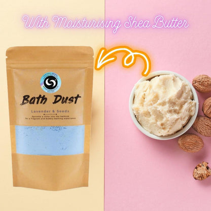 Lavender Bath Dust | Fun Fizzing Bath Bomb Alternative for Sleep - Unleash serious relaxation with our Lavender & Seeds Bath Dust! A fun, fizzing bath bomb alternative infused with Shea Butter for silky-soft skin & better sleep. Buy Now at Sacred Remedy