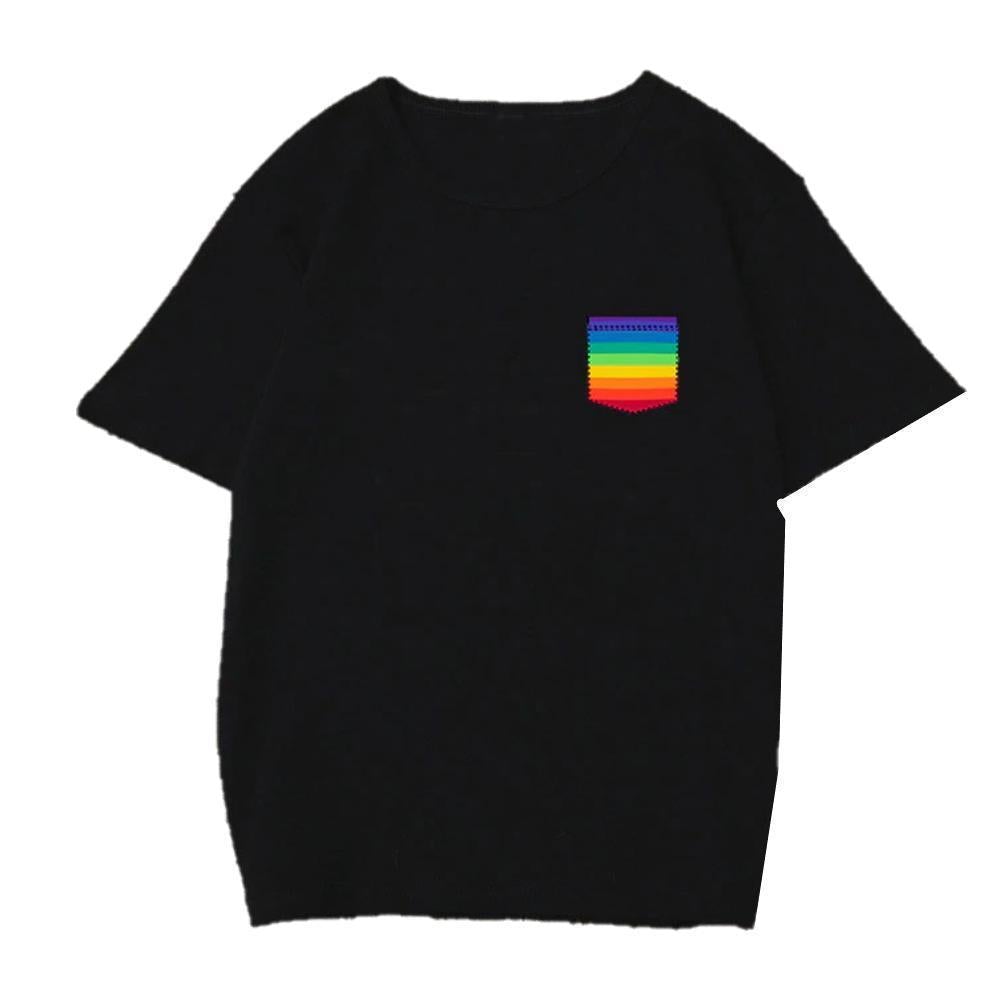 Buy Black Gay Pride Printed Rainbow Flag Pocket Tshirt | Apparel - Let everyone know you're here, you're queer and you're proud AF with our LGTBQ+ pride t-shirts. We think nobody should be ashamed of who they love, so whether you're straight, lesbian, gay, bisexual, transgender or queer, let people know that love is love. Proud Allies are welcome too! at Sacred Remedy Online