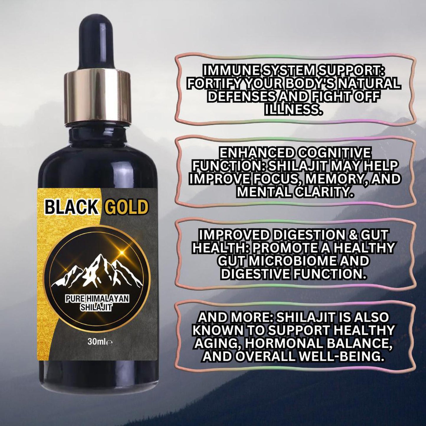 Black Gold Himalayan Shilajit Liquid Drops - Pure Energy Boost [30ml] - Experience Black Gold Himalayan Shilajit Liquid Drops. Our premium formula delivers essential nutrients for increased energy, vitality, and overall well-being. Pure, potent, and easy to use. Premium fulvic acid & trace mineral food supplement. 100% Pure Extract; No fillers, No Binders, No Flow Agents. Buy Now at Sacred Remedy