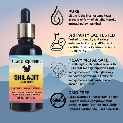 Black Squirrel Liquid Shilajit Drops | Energy & Gut Support - Black Squirrel Liquid Shilajit Drops (85+ minerals & Fulvic Acid). Boosts energy, immunity, cognition, and intimate vitality. Vegan & lab-tested. Buy Now at Sacred Remedy