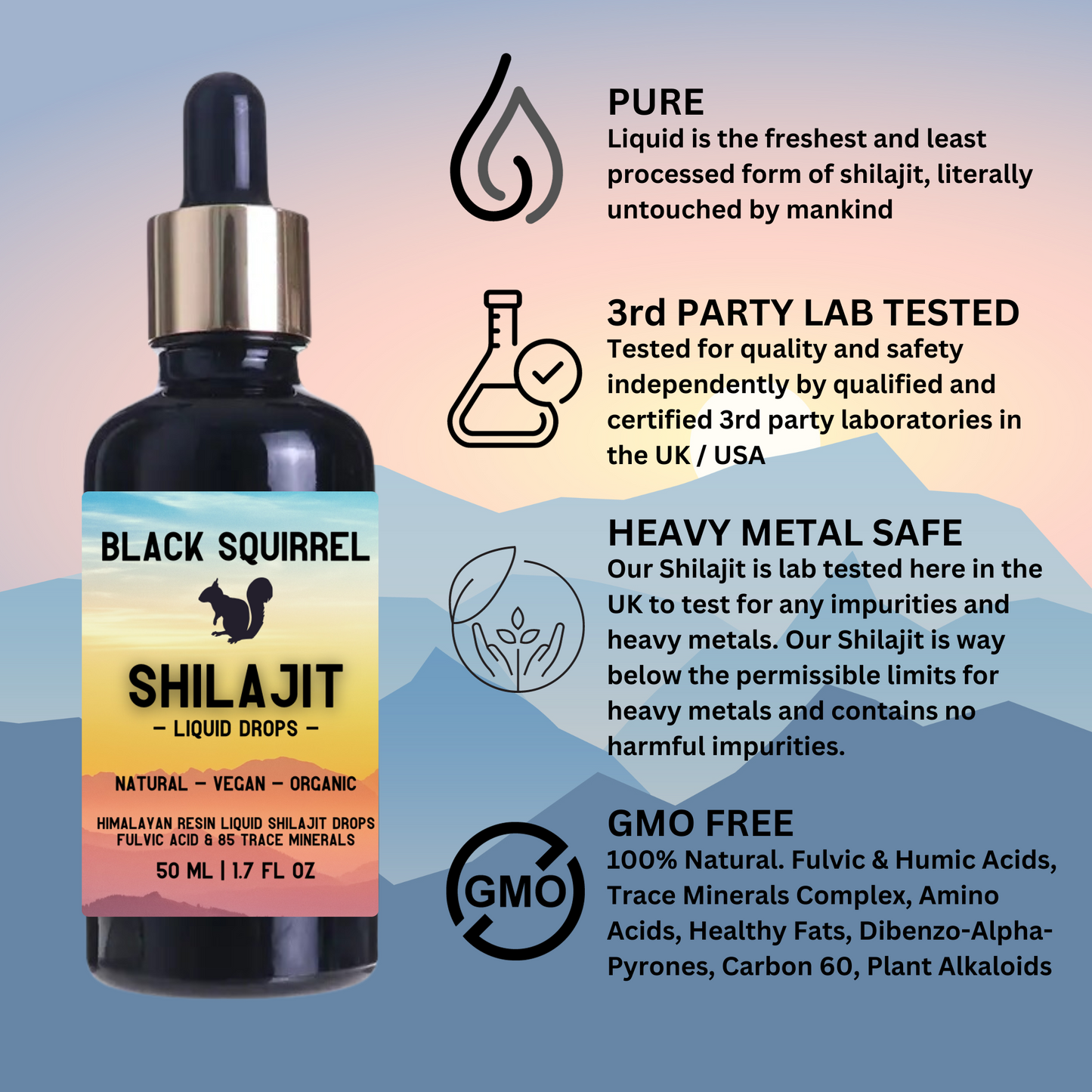 Buy Black Squirrel Shilajit Liquid - Pure Himalayan Extract - High Strength, Himalayan Liquid Drops 50ml with Dropper. Authentic, Fulvic Acid & Natural Trace Mineral Complex. Organic Experience the power of nature with Black Squirrel Himalayan Shilajit Liquid. Our premium formula delivers a concentrated source of essential nutrients. Pure, potent, and sourced from the Himalayas. at Sacred Remedy Online