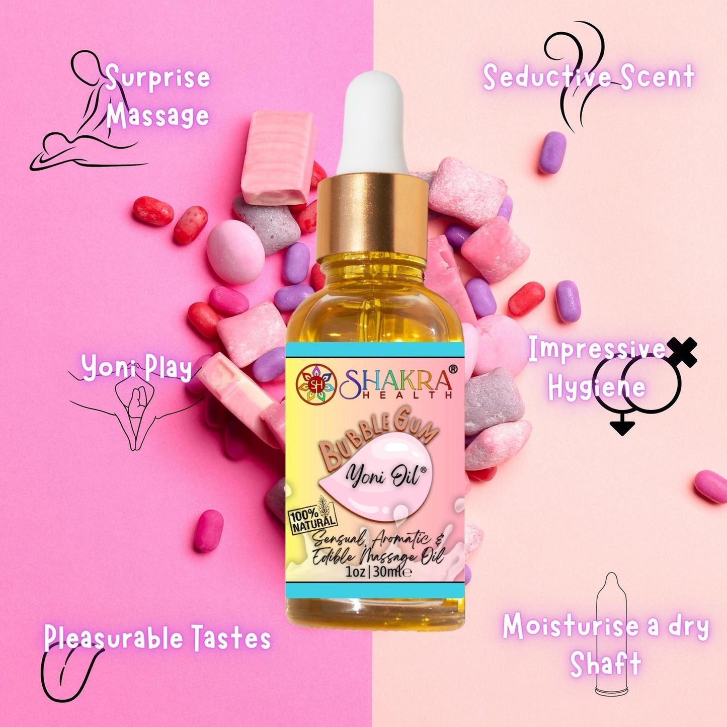 Bubblegum Flavoured Yoni Oil. Natural, Vegan Body Care. - Unleash your confidence with our luxurious LGBTQ+ gender neutral, pH balanced & moisturising, edible Yoni Oil. Celebrate your body with our unique, inclusive, organic product. Discover the secret to ultimate comfort, massage, relaxation & pleasure in this versatile oil. Experience pure bliss. Buy Now at Sacred Remedy