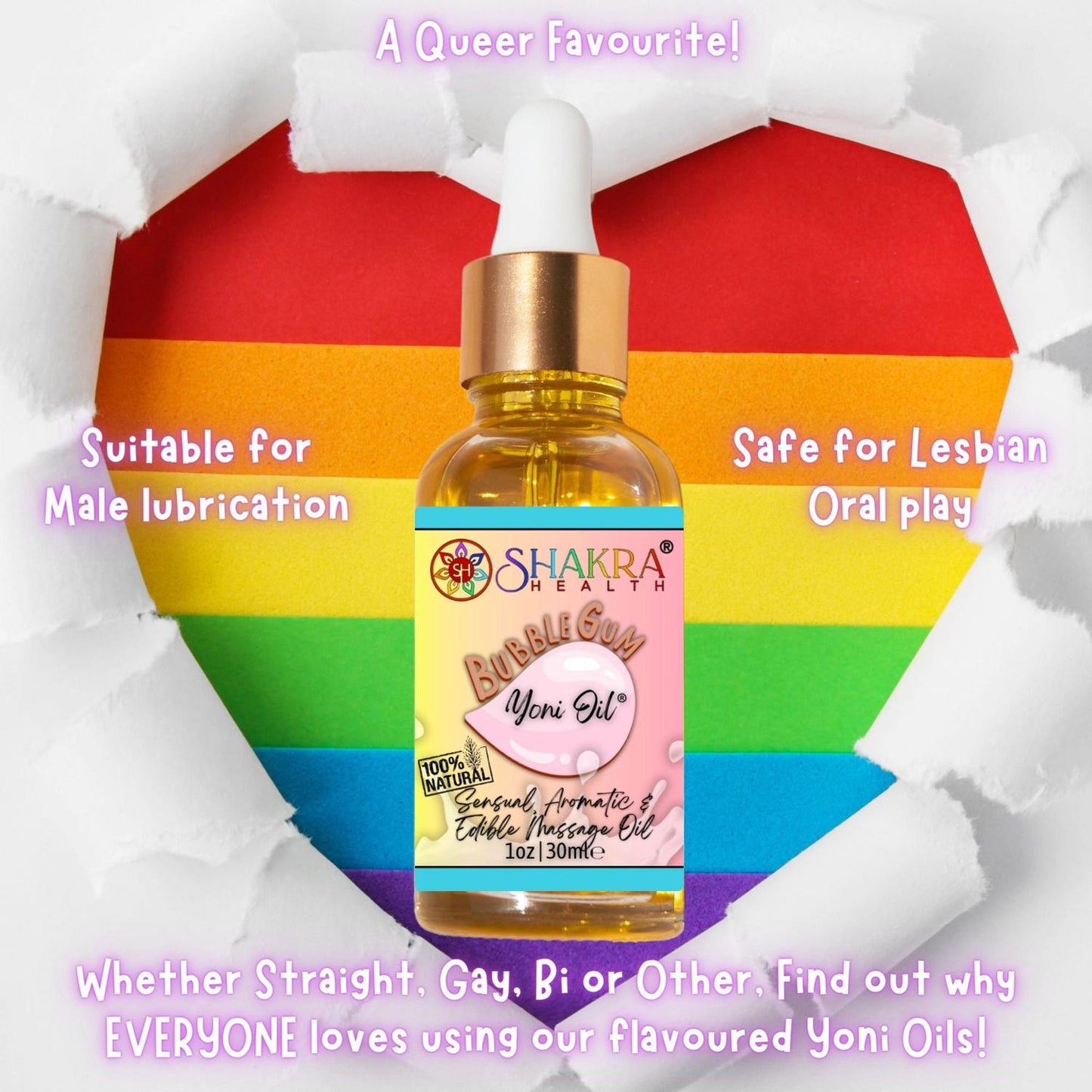 Bubblegum Flavoured Yoni Oil. Natural, Vegan Body Care. - Unleash your confidence with our luxurious LGBTQ+ gender neutral, pH balanced & moisturising, edible Yoni Oil. Celebrate your body with our unique, inclusive, organic product. Discover the secret to ultimate comfort, massage, relaxation & pleasure in this versatile oil. Experience pure bliss. Buy Now at Sacred Remedy