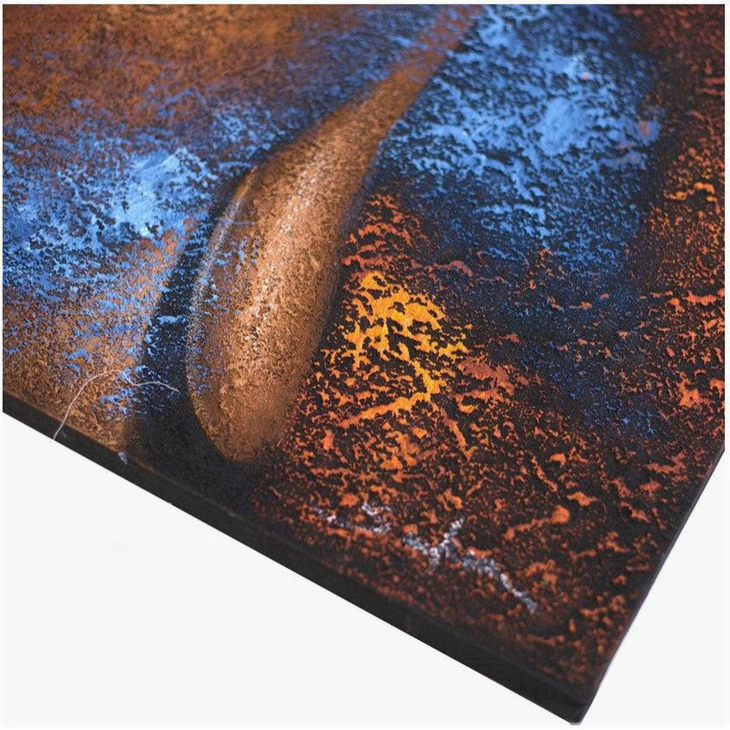 Buddha Face Canvas | Textured Copper & Blue Wall Art - Stunning copper and blue Buddha face canvas. Handcrafted Balinese artisan wall art for serene, tranquil home decor and meditation spaces. Buy Now at Sacred Remedy