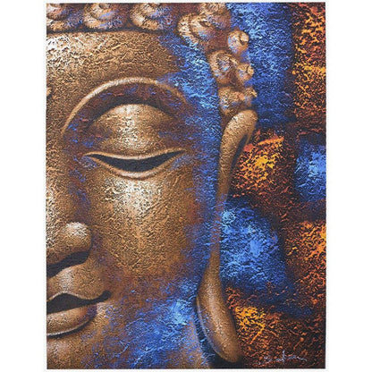 Buddha Face Canvas | Textured Copper & Blue Wall Art - Stunning copper and blue Buddha face canvas. Handcrafted Balinese artisan wall art for serene, tranquil home decor and meditation spaces. Buy Now at Sacred Remedy