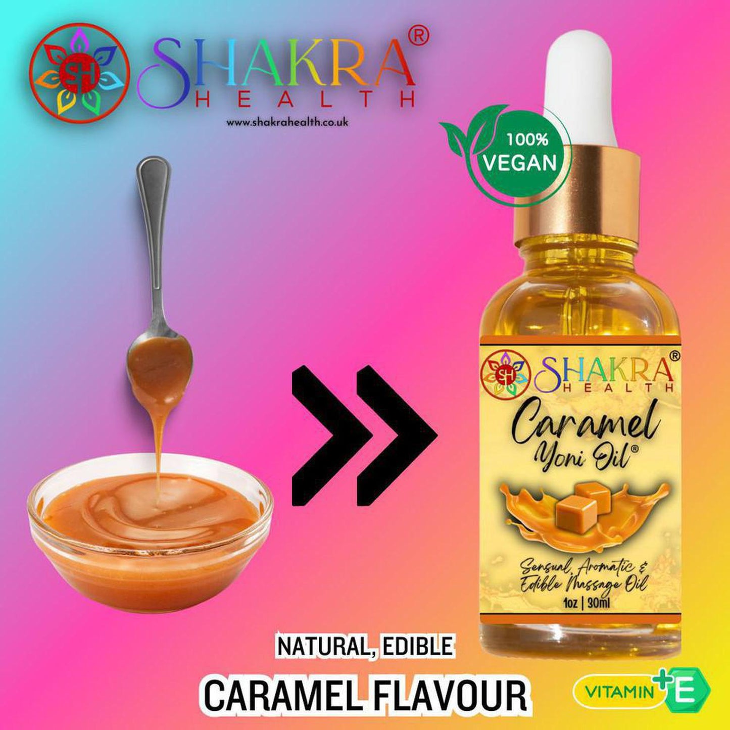 Caramel Flavoured Yoni Oil. Natural, Vegan Body Care. - Unleash your confidence with our luxurious LGBTQ+ gender neutral, pH balanced & moisturising, edible Yoni Oil. Celebrate your body with our unique, inclusive, organic product. Discover the secret to ultimate comfort, massage, relaxation & pleasure in this versatile oil. Experience pure bliss. Buy Now at Sacred Remedy