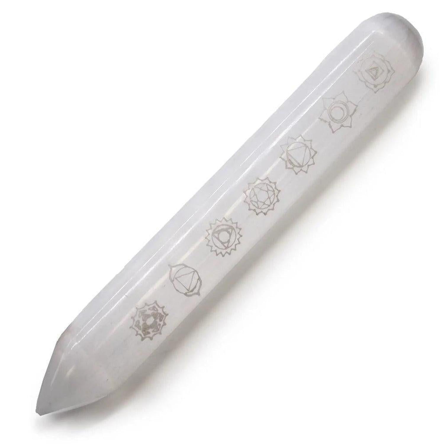 Selenite 7 Chakra Engraved Wand - Energy Cleanser & Crystal Amplifier - Selenite wand engraved with 7 Chakras. Powerful energy cleanser, aura tool, and crystal amplifier. Promotes peace, clarity, and high-vibe energy flow. Buy Now at Sacred Remedy