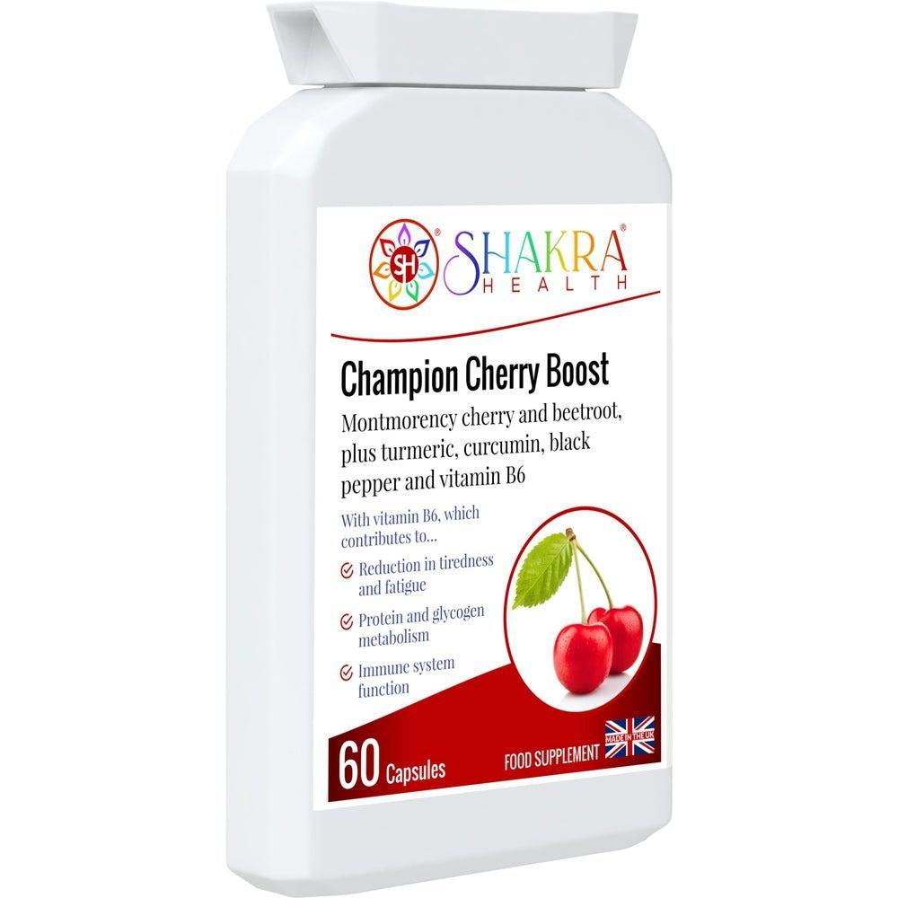 Buy Champion Cherry Boost Capsules | Montmorency Cherry & Beetroot Formula, plus Nutritive Allies - Support for the reduction of tiredness and fatigue, energy-yielding metabolism, immunity, red blood cell formation, the nervous system, hormonal activity, at Sacred Remedy Online