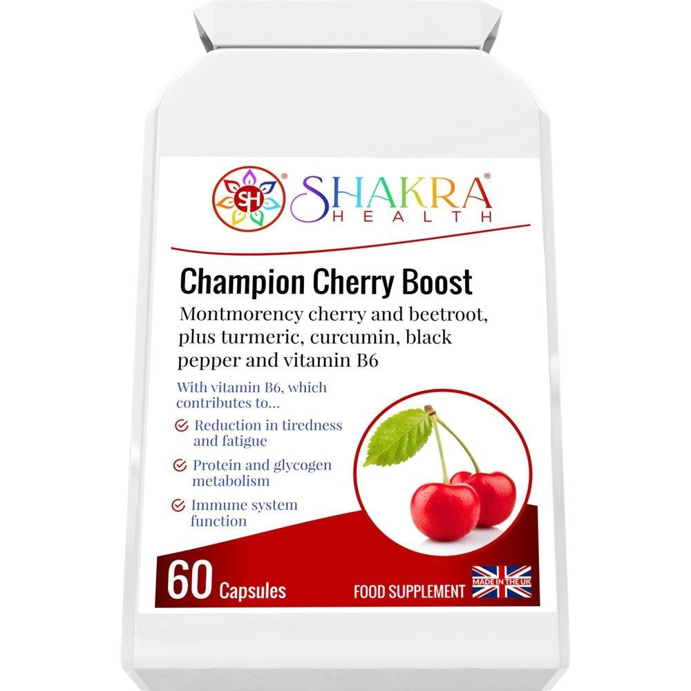 Buy Champion Cherry Boost Capsules | Montmorency Cherry & Beetroot Formula, plus Nutritive Allies - Support for the reduction of tiredness and fatigue, energy-yielding metabolism, immunity, red blood cell formation, the nervous system, hormonal activity, at Sacred Remedy Online