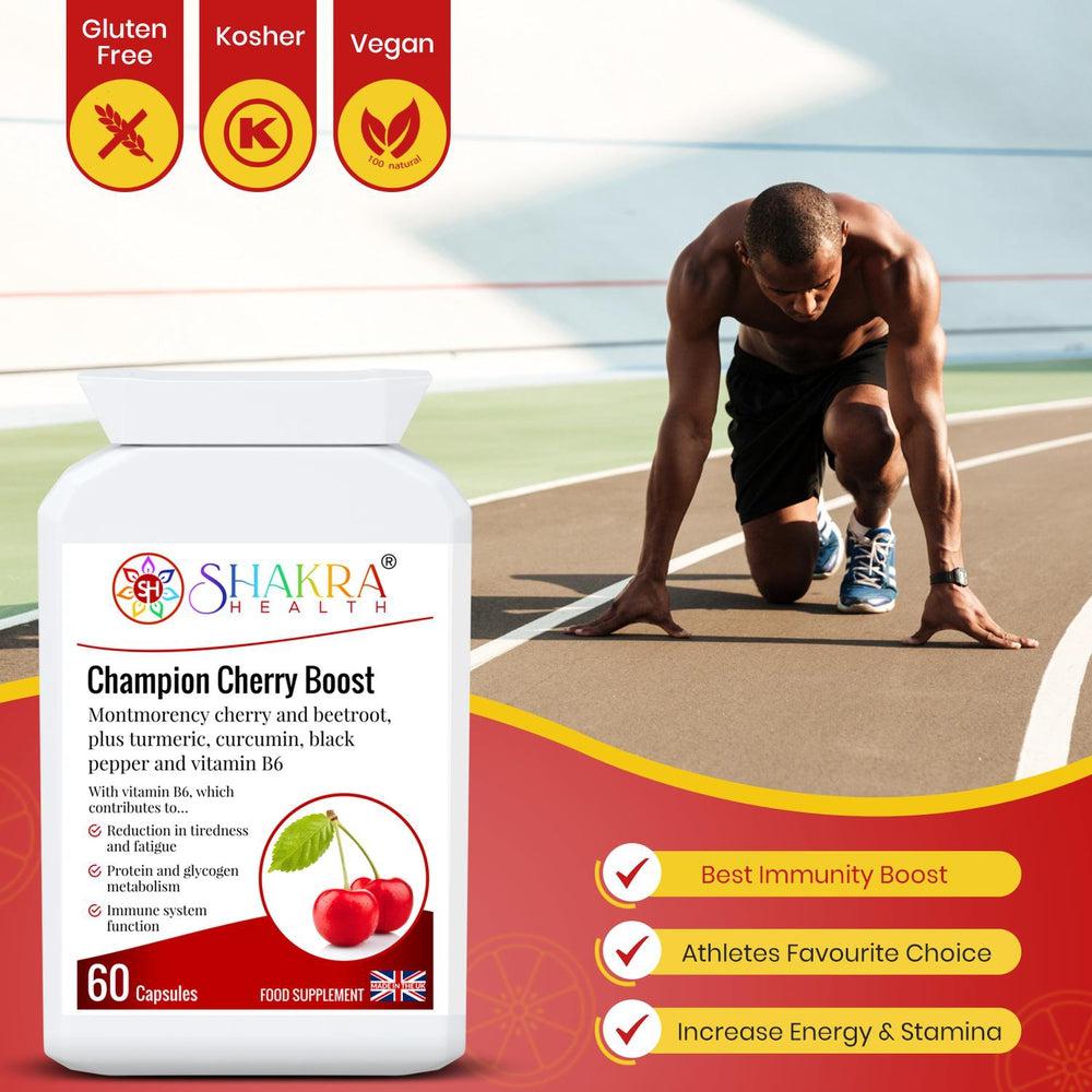 Buy Champion Cherry Boost Capsules | Montmorency Cherry & Beetroot Formula, plus Nutritive Allies - Support for the reduction of tiredness and fatigue, energy-yielding metabolism, immunity, red blood cell formation, the nervous system, hormonal activity, at Sacred Remedy Online