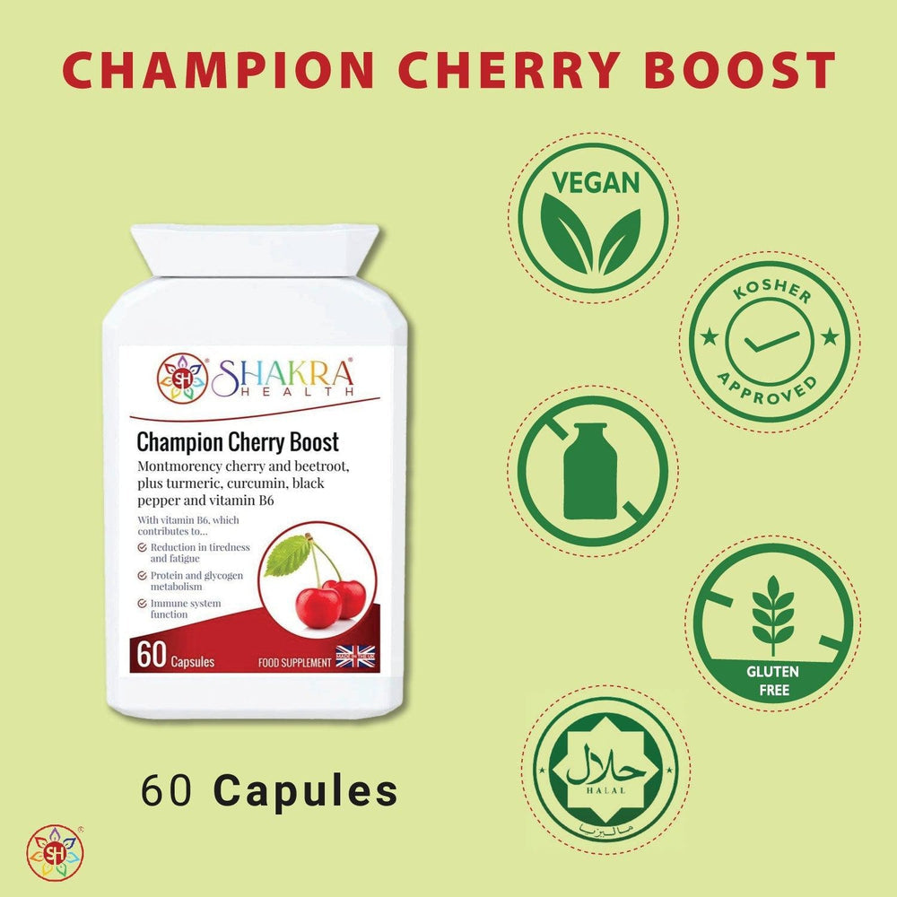 Buy Champion Cherry Boost Capsules | Montmorency Cherry & Beetroot Formula, plus Nutritive Allies - Support for the reduction of tiredness and fatigue, energy-yielding metabolism, immunity, red blood cell formation, the nervous system, hormonal activity, at Sacred Remedy Online