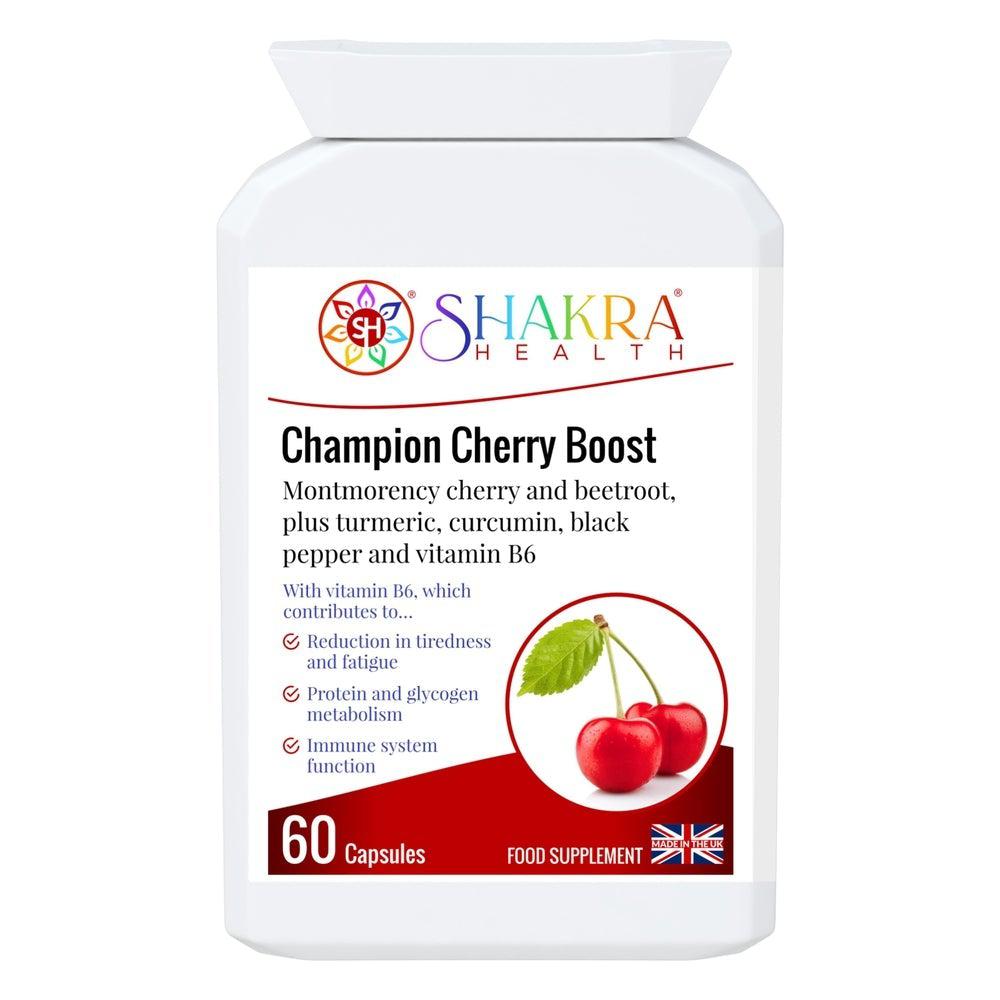 Buy Champion Cherry Boost Capsules | Montmorency Cherry & Beetroot Formula, plus Nutritive Allies - Support for the reduction of tiredness and fatigue, energy-yielding metabolism, immunity, red blood cell formation, the nervous system, hormonal activity, at Sacred Remedy Online