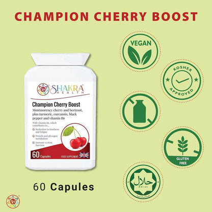 Champion Cherry Boost Capsules | Montmorency Cherry & Beetroot - Champion Cherry Boost: High-concentration 4500mg Montmorency Cherry and Beetroot blend. Supports energy, renewal, and holistic wellness. Buy Now at Sacred Remedy
