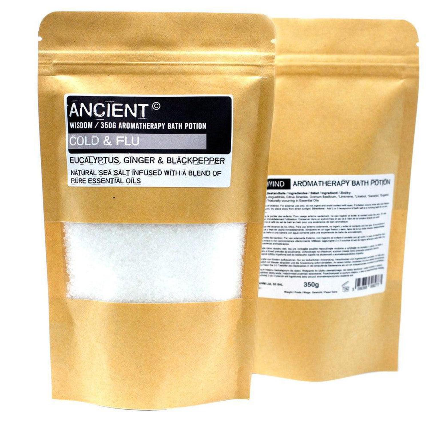 Cold & Flu Bath Salts | Eucalyptus & Ginger Muscle Relief - Therapeutic sea salt blend with Eucalyptus & Ginger for cold, flu, and muscle relief. Decongest and detox with this warming aromatherapy bath. Buy Now at Sacred Remedy