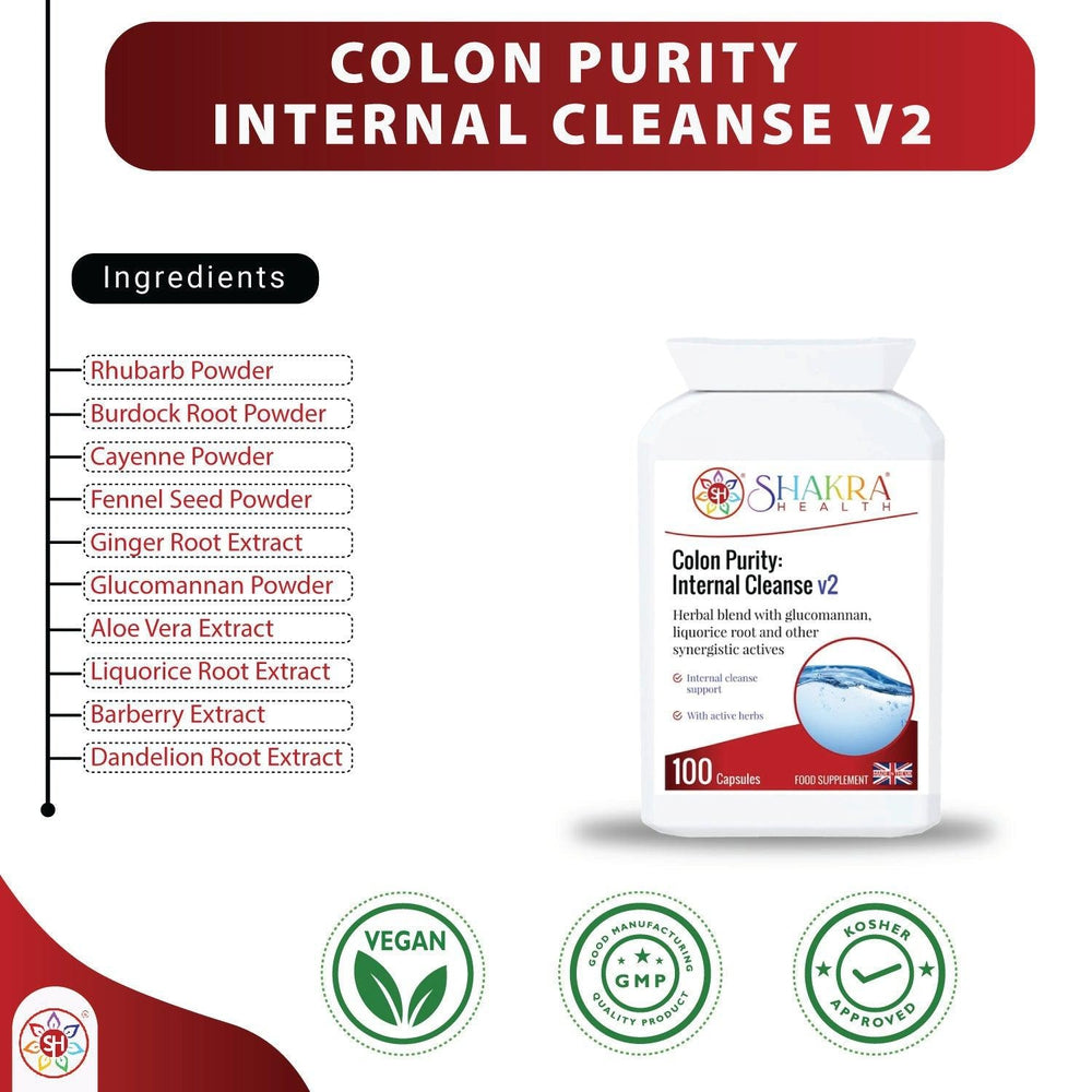 Buy Colon Purity: Internal Cleanse v2 | Gentle Cleanser to Support - Contains a range of active herbal ingredients which help to cleanse the intestinal tract, soften the stool, stimulate the liver and improve peristalsis. at Sacred Remedy Online