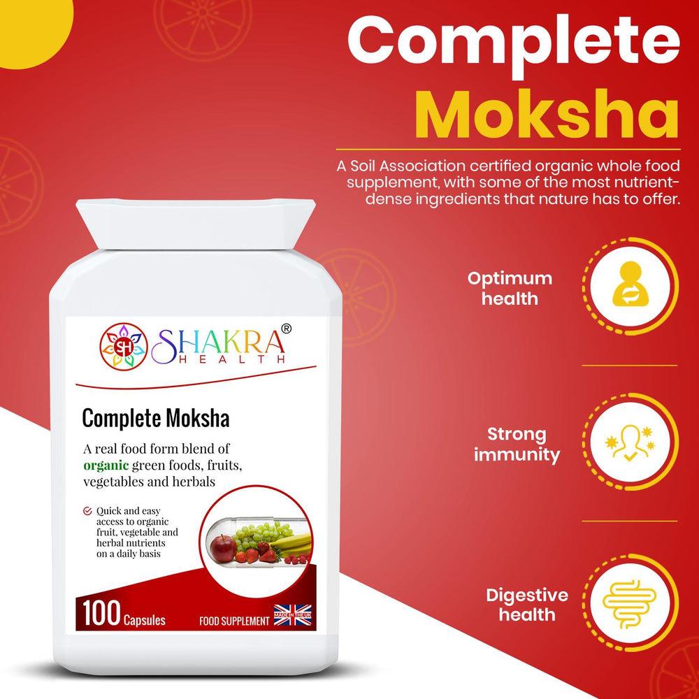 Buy Complete Moksha the Organic Multi-Nutrient Superfood Supplement by Shakra Health UK - An organic food form blend of greens, vegetables, fruits, berries, herbs, mushrooms, sprouts and seeds PLUS bio-active enzymes – all in one easy-to-take daily capsule. Organic, vegan nutrition made easy. at Sacred Remedy Online