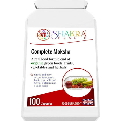 Complete Moksha the Organic Multi-Nutrient Superfood Supplement by Shakra Health UK - An organic food form blend of greens, vegetables, fruits, berries, herbs, mushrooms, sprouts and seeds PLUS bio-active enzymes – all in one easy-to-take daily capsule. Organic, vegan nutrition made easy. Buy Now at Sacred Remedy