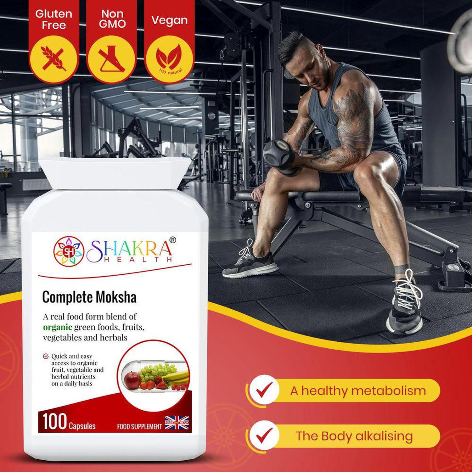 Complete Moksha the Organic Multi-Nutrient Superfood Supplement by Shakra Health UK - An organic food form blend of greens, vegetables, fruits, berries, herbs, mushrooms, sprouts and seeds PLUS bio-active enzymes – all in one easy-to-take daily capsule. Organic, vegan nutrition made easy. Buy Now at Sacred Remedy