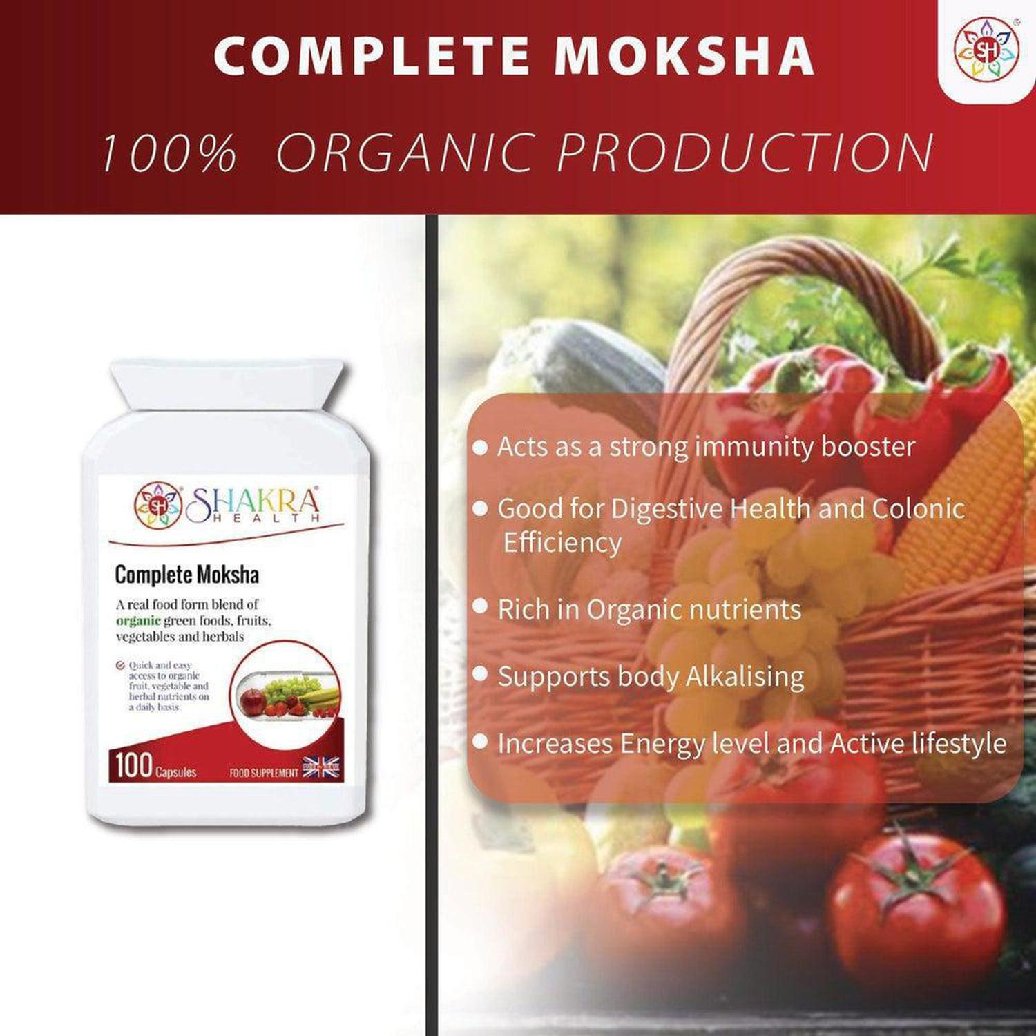 Complete Moksha the Organic Multi-Nutrient Superfood Supplement by Shakra Health UK - An organic food form blend of greens, vegetables, fruits, berries, herbs, mushrooms, sprouts and seeds PLUS bio-active enzymes – all in one easy-to-take daily capsule. Organic, vegan nutrition made easy. Buy Now at Sacred Remedy
