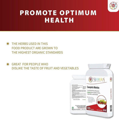 Complete Moksha the Organic Multi-Nutrient Superfood Supplement by Shakra Health UK - An organic food form blend of greens, vegetables, fruits, berries, herbs, mushrooms, sprouts and seeds PLUS bio-active enzymes – all in one easy-to-take daily capsule. Organic, vegan nutrition made easy. Buy Now at Sacred Remedy