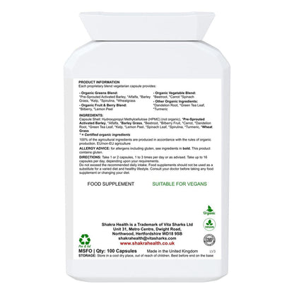 Complete Moksha the Organic Multi-Nutrient Superfood Supplement by Shakra Health UK - An organic food form blend of greens, vegetables, fruits, berries, herbs, mushrooms, sprouts and seeds PLUS bio-active enzymes – all in one easy-to-take daily capsule. Organic, vegan nutrition made easy. Buy Now at Sacred Remedy