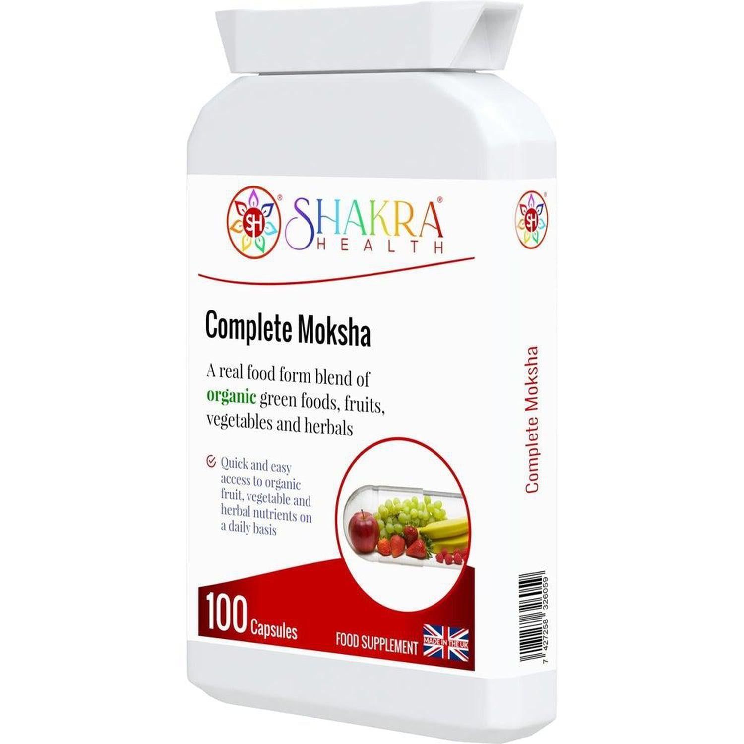 Complete Moksha the Organic Multi-Nutrient Superfood Supplement by Shakra Health UK - An organic food form blend of greens, vegetables, fruits, berries, herbs, mushrooms, sprouts and seeds PLUS bio-active enzymes – all in one easy-to-take daily capsule. Organic, vegan nutrition made easy. Buy Now at Sacred Remedy