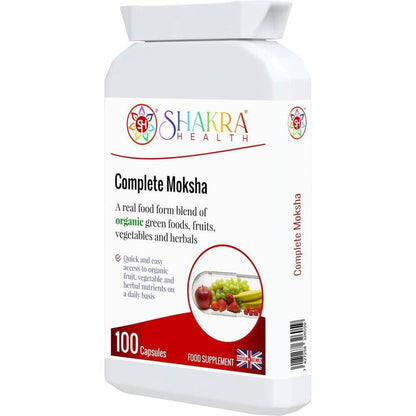 Complete Moksha the Organic Multi-Nutrient Superfood Supplement by Shakra Health UK - An organic food form blend of greens, vegetables, fruits, berries, herbs, mushrooms, sprouts and seeds PLUS bio-active enzymes – all in one easy-to-take daily capsule. Organic, vegan nutrition made easy. Buy Now at Sacred Remedy