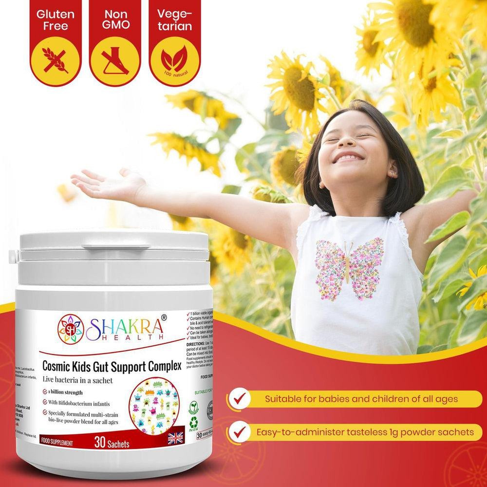 Buy Cosmic Kids Children's Multi-Strain Probiotic Powder | Gut Support Complex by Shakra Health UK - A child-specific probiotic supplement in tasteless powder form, suitable for babies and children of all ages. It is designed to support healthy levels of intestinal flora at all times, but particularly after a course of antibiotics or following a digestive upset or other illness. at Sacred Remedy Online