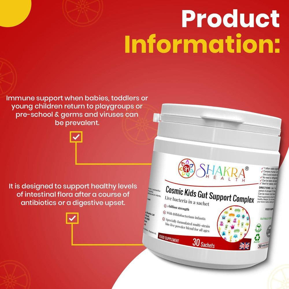 Buy Cosmic Kids Children's Multi-Strain Probiotic Powder | Gut Support Complex by Shakra Health UK - A child-specific probiotic supplement in tasteless powder form, suitable for babies and children of all ages. It is designed to support healthy levels of intestinal flora at all times, but particularly after a course of antibiotics or following a digestive upset or other illness. at Sacred Remedy Online