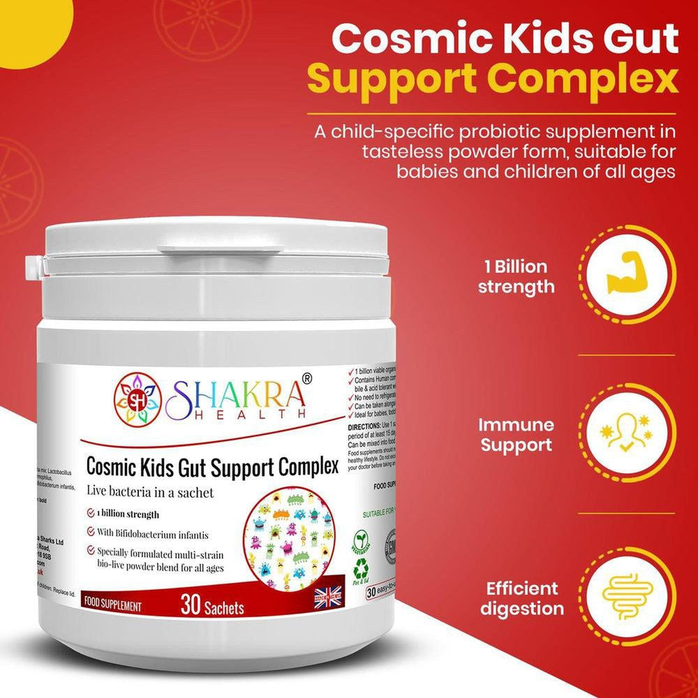 Buy Cosmic Kids Children's Multi-Strain Probiotic Powder | Gut Support Complex by Shakra Health UK - A child-specific probiotic supplement in tasteless powder form, suitable for babies and children of all ages. It is designed to support healthy levels of intestinal flora at all times, but particularly after a course of antibiotics or following a digestive upset or other illness. at Sacred Remedy Online