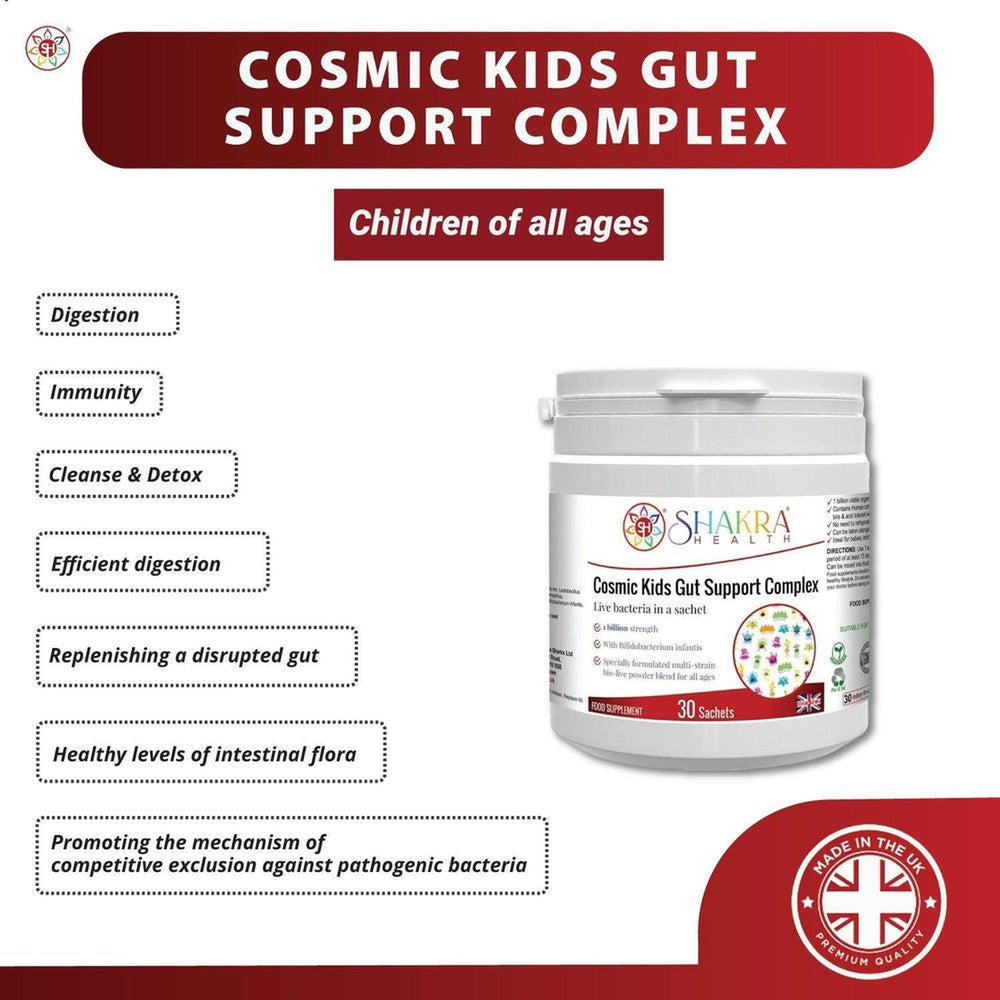 Buy Cosmic Kids Children's Multi-Strain Probiotic Powder | Gut Support Complex by Shakra Health UK - A child-specific probiotic supplement in tasteless powder form, suitable for babies and children of all ages. It is designed to support healthy levels of intestinal flora at all times, but particularly after a course of antibiotics or following a digestive upset or other illness. at Sacred Remedy Online