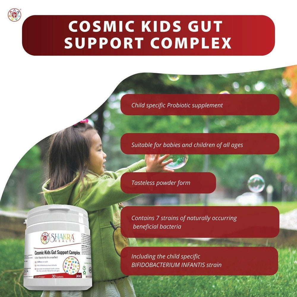 Buy Cosmic Kids Children's Multi-Strain Probiotic Powder | Gut Support Complex by Shakra Health UK - A child-specific probiotic supplement in tasteless powder form, suitable for babies and children of all ages. It is designed to support healthy levels of intestinal flora at all times, but particularly after a course of antibiotics or following a digestive upset or other illness. at Sacred Remedy Online