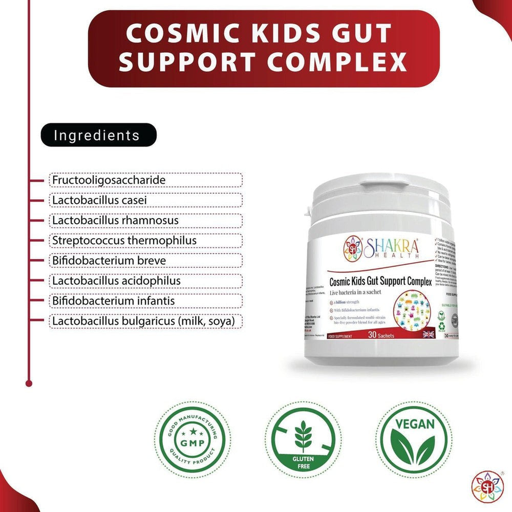 Buy Cosmic Kids Children's Multi-Strain Probiotic Powder | Gut Support Complex by Shakra Health UK - A child-specific probiotic supplement in tasteless powder form, suitable for babies and children of all ages. It is designed to support healthy levels of intestinal flora at all times, but particularly after a course of antibiotics or following a digestive upset or other illness. at Sacred Remedy Online