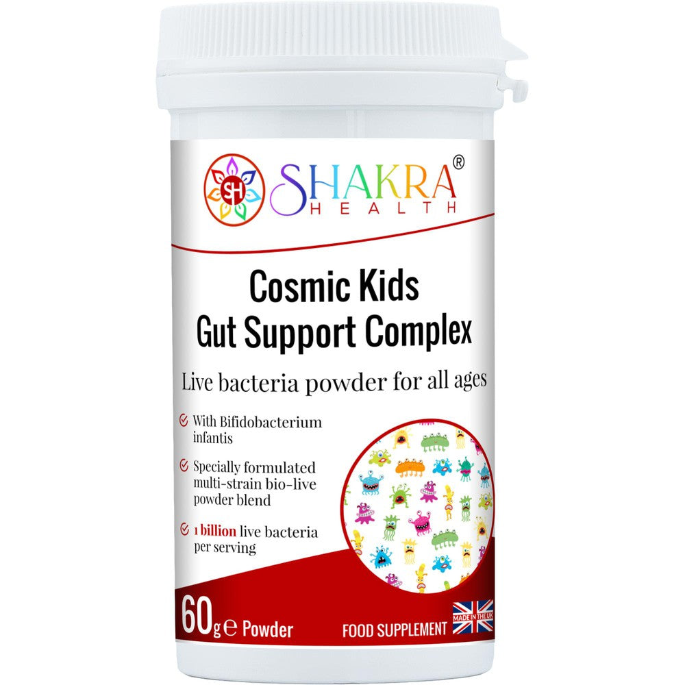 Buy Cosmic Kids Children's Multi-Strain Probiotic Powder | Gut Support Complex by Shakra Health UK - A child-specific probiotic supplement in tasteless powder form, suitable for babies and children of all ages. It is designed to support healthy levels of intestinal flora at all times, but particularly after a course of antibiotics or following a digestive upset or other illness. at Sacred Remedy Online